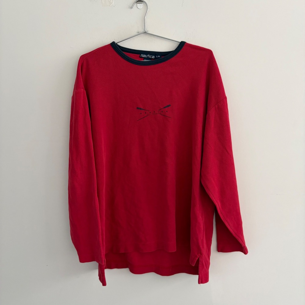 Nautica Mens Red Long Sleeve Waffle Knit Crewneck Thermal Shirt Large